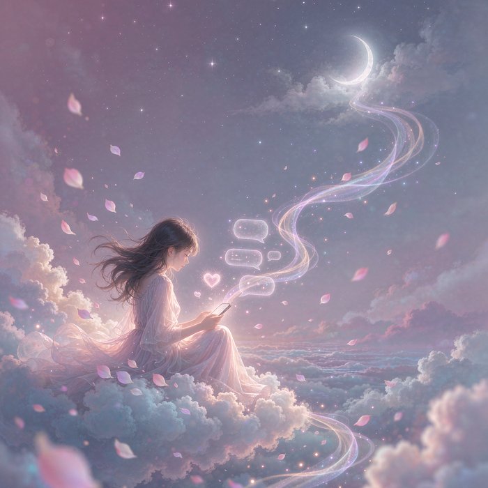 平行岛 ai 唯美插画：少女坐在云端用手机聊天，光影与花瓣环绕